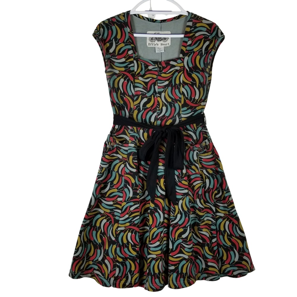 Effie's Heart Chili Pepper Print Fit & Flare Dress Cotton Stretch Pockets Medium